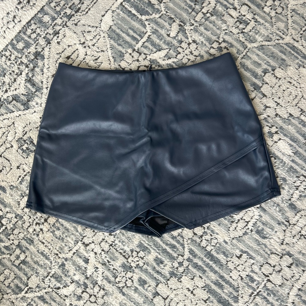 Navy Faux Leather, Wrap-front Mini Skort - Medium